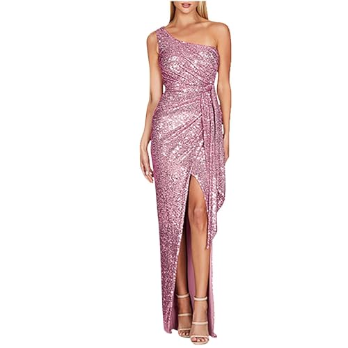 Meine Bestellungen Anzeigen, Kleid Winter Damen Rotes Kleid Damen Einschulter Pailletten Cocktailkleid Ärmellos Schräger Ausschnitt Glitzer Abendkleid Elegantes Kleid Damen Kleid Winter(Rosa,Xl) von SHE.White