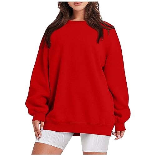 Meine Bestellungen Anzeigen 2024 Sport Sweatshirt Ohne Kapuze Roter Pullover Damen Damen Einfarbig Rundhals Pulli Athletic Fitness Lang Sweatshirt Winter Langarmshirt Gelber Pullover (Rot, M) von SHE.White