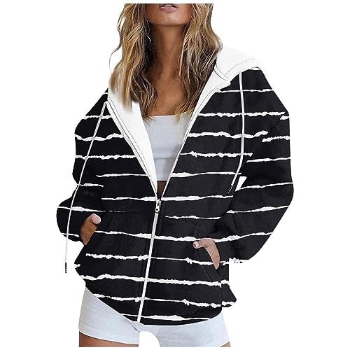 Meine bestellungen anzeigen Winterjacke Damen Pullover Damen Winter Damen Zip Up Gestreiftes Kapuzenjacke Mantel Mit Tasche Y2K Outdoor Langarm Sweatshirt Jacke Mit Kapuze Hoodies Damen (Schwarz, L) von SHE.White