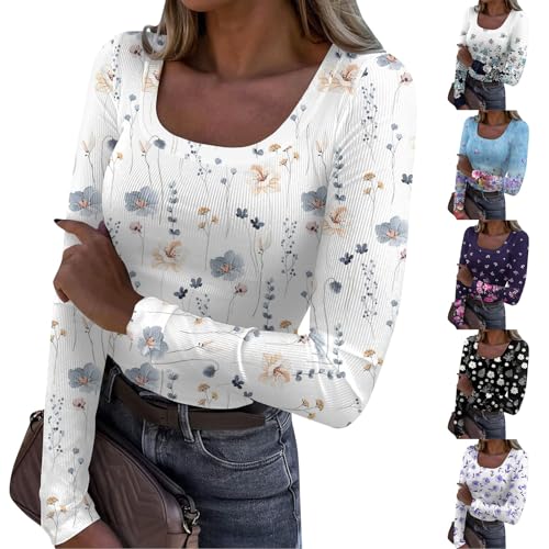 Outlet Angebote, Fitness Damen Kleidung Damen Langarmshirt Eng Blumen Drucken Rundhals Stretch Tunic Elegant Pullover Mode Locker Langarm Long Sleeve Shirt Women (Schwarz,XXL) von SHE.White