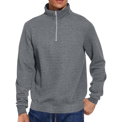 Outlet Angebote, Hoodies Fleecepullover Herren Pullover Langarm Herren Vintage Stehkragen Kariert Pulli Mit Half Reißverschluss Sweatshirt Herren-Sweatshirt Tops Für Herren(Dunkelgrau,3XL) von SHE.White