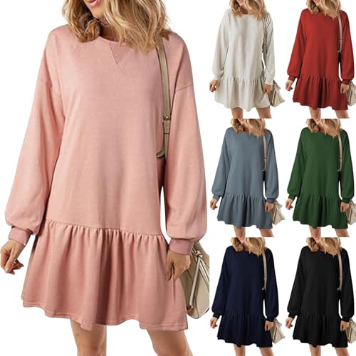 Outlet Angebote, Kleid Damen Elegant Kleid Lang Damen Pulloverkleid Rundhals Rüschen Einfarbig Elegant Langarm Sweatshirt Oversize Minikleid Rotes Kleid Damen Sweatshirtkleid S(Rosa,XL) von SHE.White