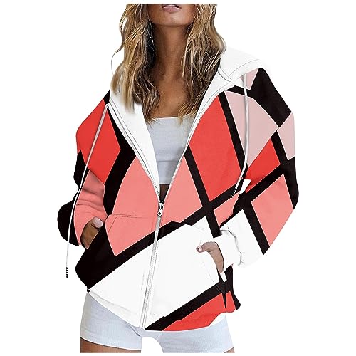 Outlet Angebote Hoodie Damen Sportjacke Damen Damen Sweatjacke Langarm Oversize Zipper Kariert Drucken Drawstring Kapuzenpullover Jacke Outdoor Sweatshirt Trainingsjacke Damen (Hot Pink, XXL) von SHE.White