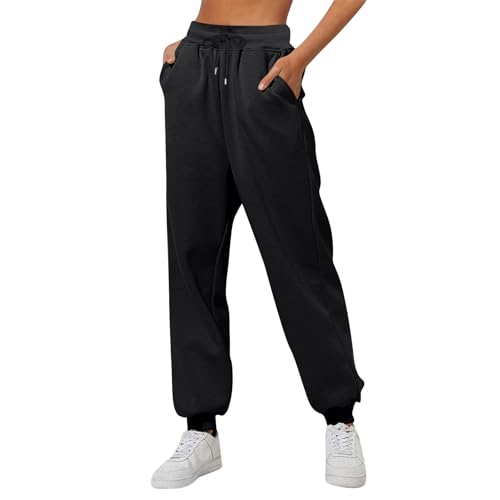 Outlet Angebote Sale, Damen Jogginganzug Orangene Hose Baggy Jogginghose Hoher Taille Sweatpants Mit Taschen Outdoor Sporthose Loose Freizeithose Jogginghose Gefütterte Jogginghose(Schwarz,S) von SHE.White