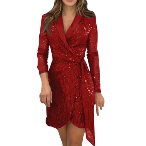 Outlet Angebote Sale, Silvester Kleid Damen Winter Kleider Damen Paillettenkleid Damen Langarm V-Ausschnitt Partykleid Mesh Silvester Abendkleid Kurzes Schwarzes Kleid Paillettenkleid Damen(Rot,L) von SHE.White