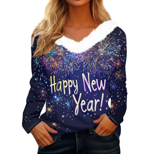 Outlet Angebote Sale,REH Kostüm Damen Weihnachten Shirt Damen Silvester Outfit Damen Happy New Years Print Tshirt Oversized Bluse Elegant Langarmshirt Weihnachtspulli Familie Set Damenblusen Herbst von SHE.White