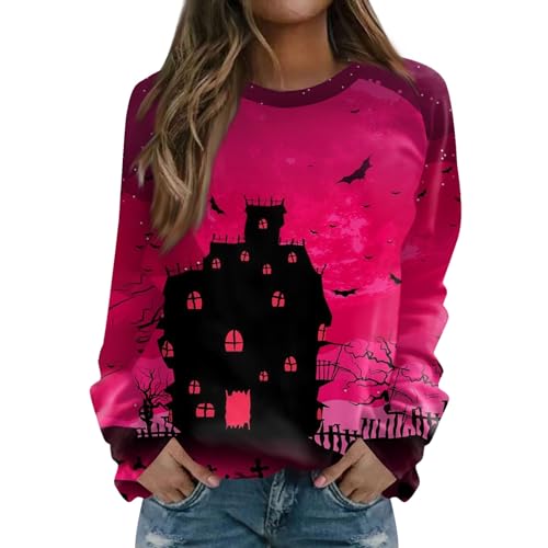 Outlet Angebote Sweatshirt Damen Baumwolle ohne Kapuze Halloween+kostüm+ Pullover Damen Retro Oversize Sweatshirt Schloss Drucken Rhals Horror Halloween Tops kostüm Damen Kleid (Rosa, XXL) von SHE.White