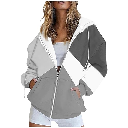 Outlet Angebote Winterjacke Damen warm Sweater Damen Damen Oversize Zipper Kariert Drucken Drawstring Kapuzenpullover Jacke Sweatshirt Mit Tasche Sweatjacke Damen lang (Grau, XXL) von SHE.White