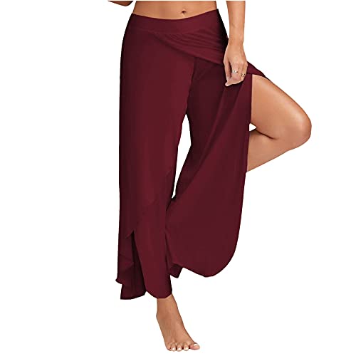 Palazzo Hose Damen Flowy Einfarbig Freizeithose mit Schlitz Sommerhosen Damen Leicht und Luftig Hosen Wickelhose Weites Bein Yogahose Dünne Bequeme Sporthose für Frauen Schlaghose Haremshose von SHE.White