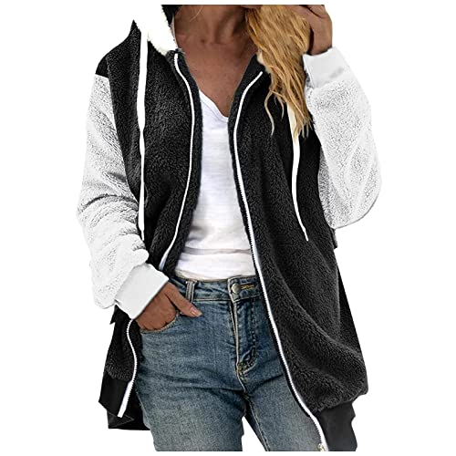 Retourenkauf Angebote, Jacke Damen Winter Lang Langarmshirt Damen Damen Sweatjacke Langarm Fleece Zip Up Kapuzenjacke Mit Tasche Warme Haarig Oversized Hoodies Sweatshirt Laufjacke(Black,L) von SHE.White