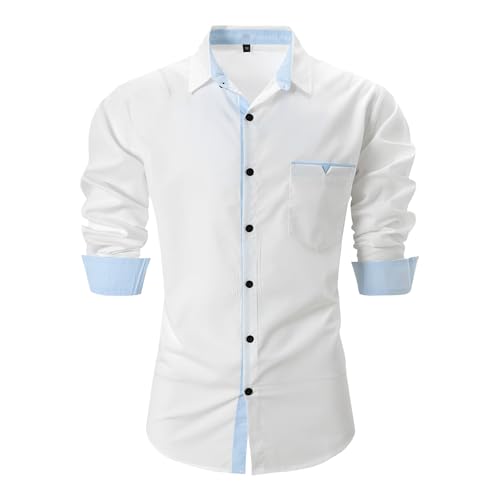 SHE.White Angebote, Langarm Poloshirt Herren Hemd Weiss Herren Hemd Langarm Farbblocking Trachtenhemd Freizeithemden Langärmeliges Anzughemd Hemd Kariert Herren Hawaii Hemd Männer(Weiß,XXL) von SHE.White