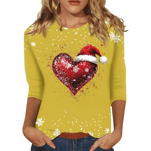 SHE.White Angebote,Basic Shirt Damen Oberteile Weihnachtsbluse Damen Ugly Weihnachten Drucken Rundhals Langarm Casual Christmas Pulli Weihnachtspullover Led Damen Oberteile Herbst(Yellow,XL) von SHE.White