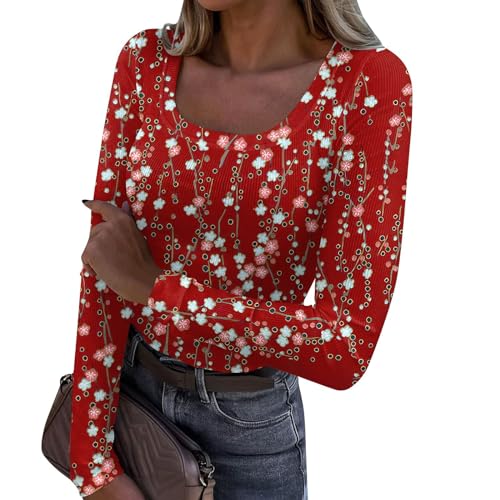 SHE.White Angebote des Tages, Damen Oberteile Basic Top Damen Damen Langarmshirt Eng Blumen Drucken Rundhals Stretch Tunic Elegant Pullover Mode Locker Langarm Shirt Schwarz (Rot,L) von SHE.White