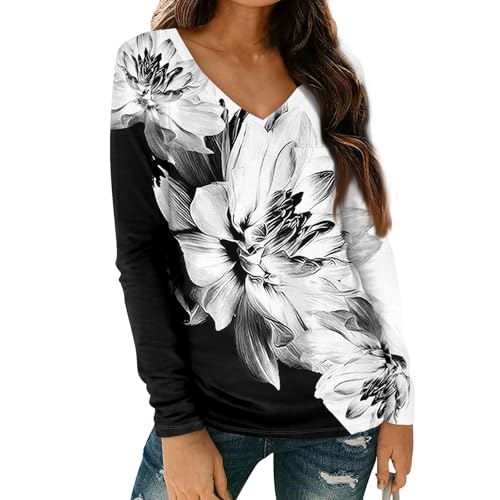 SHE.White Angebote des Tages Heute, Langarmshirt Damen Top Weiß Damen Damen Tshirt Langarm Oversize Vintage Blumen Drucken V-Ausschnitt Langarmshirt Mit Tasche Elegent Tunika Blusenshirt (Rot,S) von SHE.White