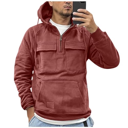 SHE.White Angebote des Tages Heute, Langarmshirt Hoodie Herren Winter 1/4 Zip Up Mit Brusttasche Longsleeve Herren Oversize Outdoor Fleecepullover Herren Casual Einfarbig Norwegen Pullover(Rosa,XL) von SHE.White