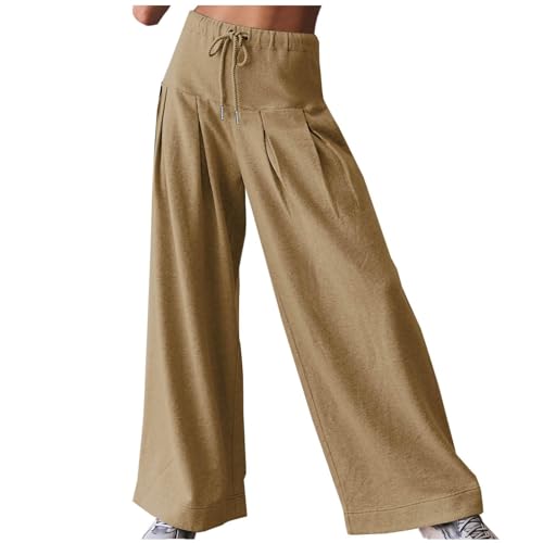 SHE.White Angebote des Tages Heute Blitzangebote, Schwarz Damen Hose Damen Y2K Weite Hose Palazzo Pants High Waist Weite Hosen Mit Taschen Elegant Damenhose Palazzo Kurze Hose Damen(Khaki,XXL) von SHE.White