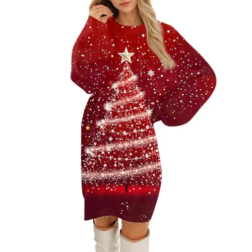 SHE.White Angebote des Tages Heute Deal, Winterkleider Damen Frauen Weihnachtskleid Fleece Pullover Kleid Weihnachtsmotiv Partykleid Weihnachts Party Dresses Beste Freundin Kleid Lang von SHE.White