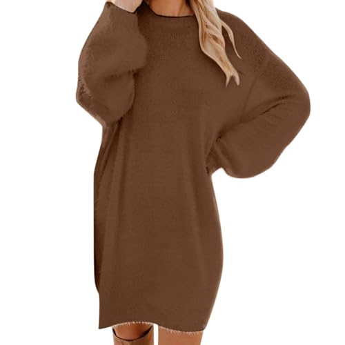 SHE.White Blitzangebote, Damen Einfarbig Rundhals Teddy Fleece Pullover Kleid Winter Warme Midikleid Elegant Winterkleid Langarm Sweatshirtkleid Party Dresses Kleid Beige(Brown,XL) von SHE.White