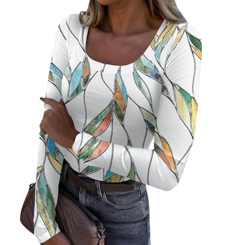 SHE.White Blitzangebote, Sexy Oberteil Damen Laufshirt Damen Damen Langarmshirt Eng Blumen Drucken Rundhals Stretch Tunic Elegant Pullover Mode Langarm Slim Fit Outfits Top (Saffron,S) von SHE.White