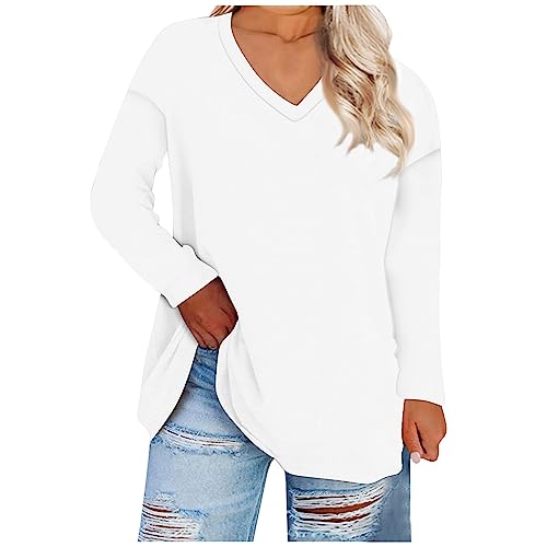 SHE.White Blitzangebote, T-Shirt Damen Damen Shirt Damen Einfarbig V-Ausschnitt Lang Langarmshirt Elegent Autumn Winter Tuniken Pullover Oversize Loose Oberteile Shirt 3/4 Arm (Weiß,XXL) von SHE.White