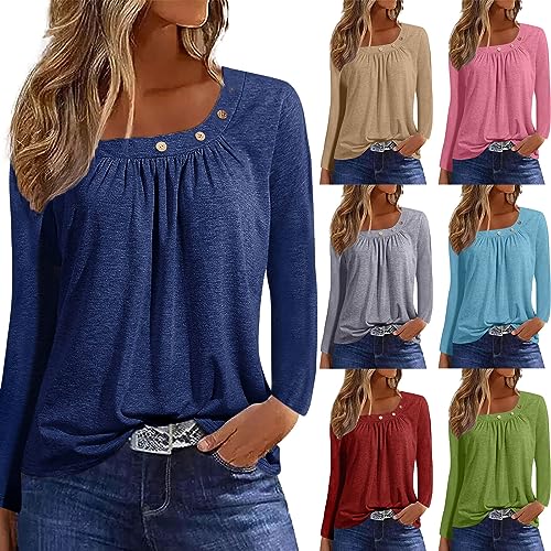 SHE.White Blitzangebote, T-Shirt Damen Longsleeve Damen Damen Einfarbig Square Ausschnitt Button Down Loose Langarmshirt Frühling Autumn Elegent Langarm Pullover Bluse Langarm (Khaki,M) von SHE.White