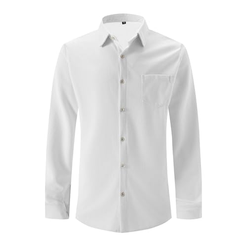 SHE.White Blitzangebote Poloshirts Für Herren T Shirt Weiß Waffel Einfarbig Button Down Revers Polohemd Mit Brusttasche Basic Stretch Businesshemd Isolid Langarmshirt Hemden Langarm Bluse (Weiß,3XL) von SHE.White