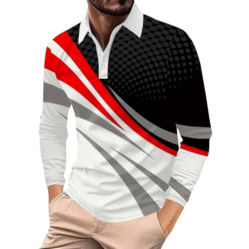 SHE.White Blitzangebote T Shirt Herren Weiß Shirt Langarm Mode Drucken Button Down Golf Polohemd T-Shirt Regular Fit Revers Langarmshirt Tennis Tshirt Langarm Kragen Tshirt Set Oberteile (Rot,XXL) von SHE.White