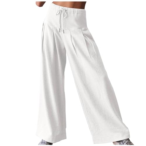 SHE.White Blitzangebote des Tages, Damen Weiß Freizeithose Damen Y2K Weite Hose Palazzo Pants High Waist Weite Hosen Mit Taschen Elegant Damenhose Weites Bein Hose Taktische Hose(Weiß,XL) von SHE.White