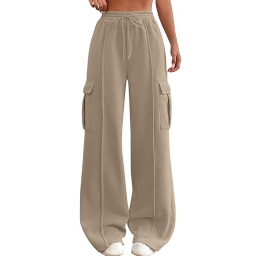 SHE.White Blitzangebote des Tages, Wide Leg Yoga Hose Damen Y2K Weite Hose Palazzo Pants High Waist Weite Hosen Mit Taschen Elegant Damenhose Weite Hose Damen Sommer Zebra Hose(Khaki,M) von SHE.White