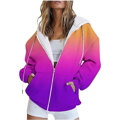 SHE.White Damenmode Sale Winterjacke Damen lang Fleecejacken Damen Gradient Zipper Langarm Kapuzenpullis Mantel Mit Kordelzug Y2K Outdoor Winter Hoody Jacke Mit Tasche Damen Cardigan (Lila, S) von SHE.White