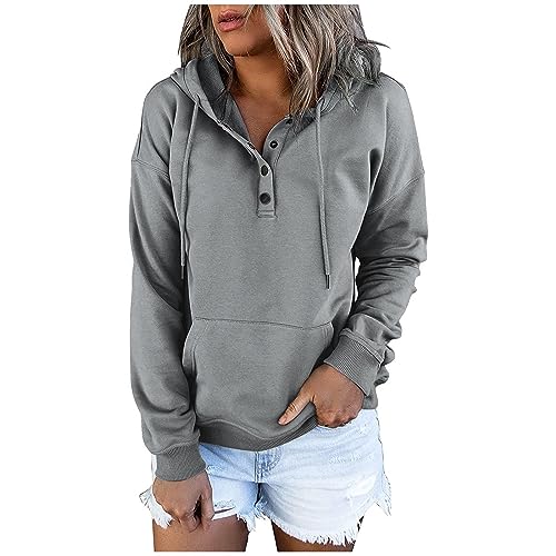 SHE.White Hoodies Damen,Damen Einfarbig Henley Langarm V-Ausschnitt Hoodie Pullover Mit Knopfleiste Mode Langarmshirt Mit Kapuze Mode Kordelzug Oberteil Bequem Casual Streetwear Tops S-XXL von SHE.White