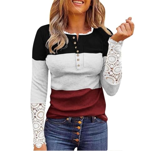 SHE.White Meine Bestellung Anzeigen, Oberteile Damen Boho Kleidung Damen Damen Langarmshirt Elegant Slim Fit Patchwork Spitze Ärmel Button Down T-Shirt Pullover Langarm Sport Outfit (Weiß,L) von SHE.White