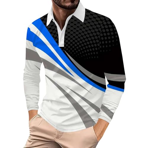 SHE.White Meine Bestellungen Anzeigen Shirt Langarm Herren Hoodie Mode Drucken Button Down Golf Polohemd T-Shirt Regular Fit Revers Langarmshirt Tennis Poloshirt Langarm Mit Kragen (Blau,M) von SHE.White