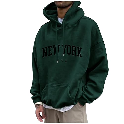 SHE.White Outlet Angebote, Langarmshirt Hoodie Herren Winter Briefe Drucken Mit Kordelzug Longsleeve Herren Freizeit Kapuzenpullover Herren Basic Bequem Einfarbig Kapuzenpulli Hoodie(Dark Green,M) von SHE.White