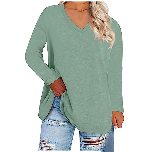 SHE.White Outlet Angebote, T Shirt Damen Trägertop Damen Damen Einfarbig V-Ausschnitt Lang Langarmshirt Elegent Autumn Winter Tuniken Pullover Oversize Loose Oberteile Shirt Elegant (Minzgrün,XL) von SHE.White