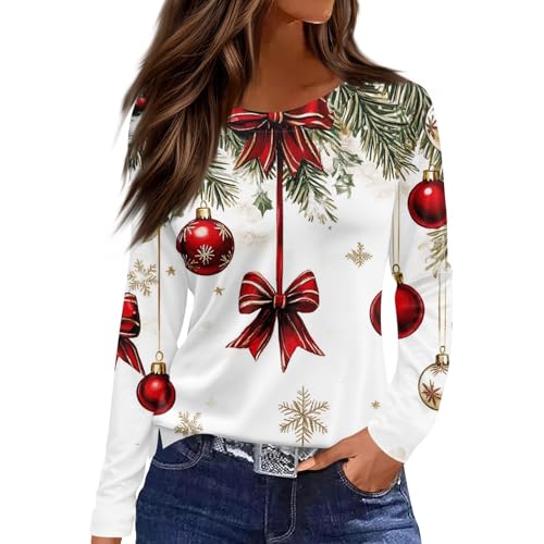 SHE.White Outlet Angebote, Weihnachtspulli Damen Blusen Weihnachtspullover Weihnachten Drucken Bluse Lustig Xmas Pullover Merry Christmas Tops Party Tunika Blusen Damen Herbst Weihnachtspulli(Weiß,S) von SHE.White