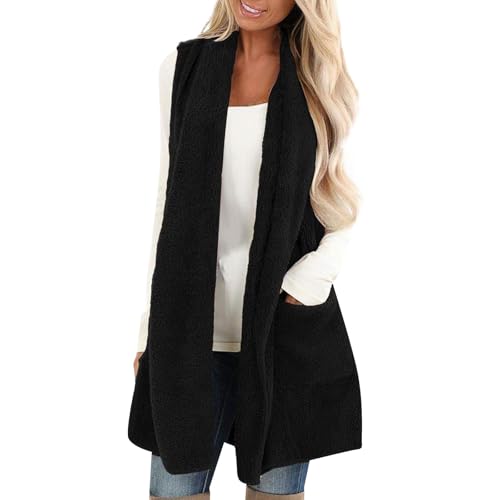 SHE.White Sale Angebote, Laufweste Damen Damen-Westen Fleecewesteteddy Fleece Plüschweste Kunstfell Hoodie Westen Bequem Ärmellos Cardigan Jacke Damen Weste Herbst Trachtenjacke Damen(Black,S) von SHE.White