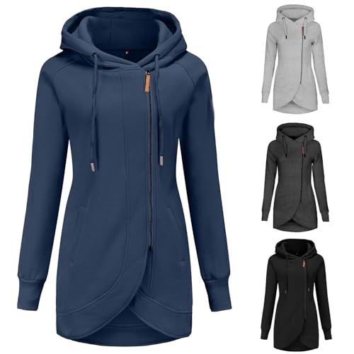 SHE.White Sale Angebote, Teddyfleece Jacke Damen Pulli Damen Damen Jacke Lange Kapuzenjacke Zipper Hoodie Outdoor Winter Kapuzenpullover Sweatjacke Strickfleecejacke Damen Hoodie(Blau,S) von SHE.White