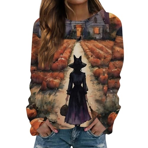 SHE.White Sale Angebote Damenpullover Halloween kostüm gruselig Halloween Damen Retro Hexe Drucken Rhals Langarm Kostüm Lässige Oberteile Festlich Party Streetwear Kleid schwarz (Orange, L) von SHE.White