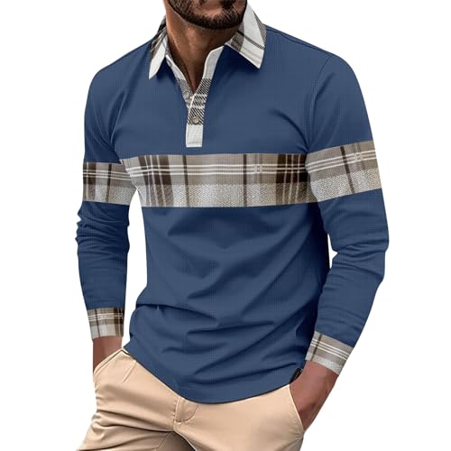 SHE.White Warehouse Deal Retourenware Longsleeve Herren Poloshirt Langarm Patchwork Kariert Waffel Revers Golf Polo Tennis Shirts Mit Taste Basic Loose Regular Fit Langärmliges Shirt (Marine,XL) von SHE.White