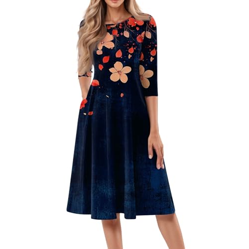 SHE.White Warehouse Deals Angebote, Kleider Pulloverkleid Damen Freizeitkleid Mit Gestreiftes Und Flower Druck Casual Boho Cocktailkleid Kleid A Linie Damen Kleid Damen Langarm(Dark Blue,L) von SHE.White