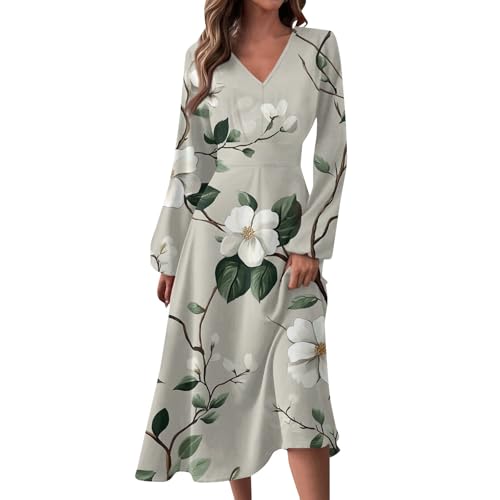 SHE.White Women's Casual Fashion V-Neck Long Sleeve Floral Print Long Dress von SHE.White