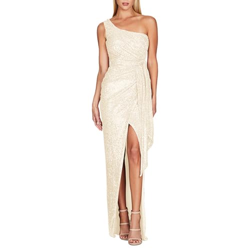 SHE.White Women's Fashion One Shoulder Tie Pleated Chilli Sequin Gown Dresses von SHE.White