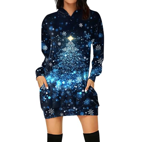 Sale, Damen Kleider Winter Kleid Weihnachten Damen Weihnachtskleid Langarm Pullover Kleid Weihnachtsmotiv Partykleid Weihnachts Party Dresses Overall Kuschelig Kleid Schwarz Lang(A02 Dark Blue,S) von SHE.White