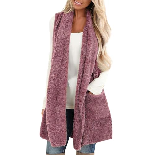 Sale, Weste Damen Beheizbare Weste Fleecewesteteddy Fleece Plüschweste Kunstfell Hoodie Westen Bequem Ärmellos Cardigan Jacke Lange Jacke Damen Bolero Jacke Damen(Pink,M) von SHE.White