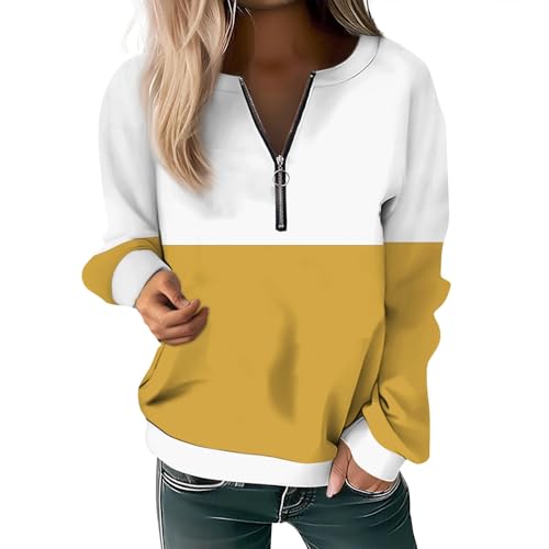 Sale Angebote, Blusen Damen Crop Tops Damen Damen Sweatshirt Oversize Farbblockierter Drucken Pullover Mit Half Reißverschluss Rundhals Langarm Pulli Long Sleeve Shirt Women (Gelb,L) von SHE.White