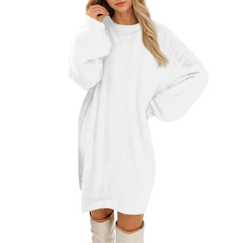 Sale Angebote, Damen Einfarbig Rundhals Teddy Fleece Pullover Kleid Winter Warme Midikleid Elegant Winterkleid Langarm Sweatshirtkleid Party Dresses Hauskleid Damen(White,M) von SHE.White