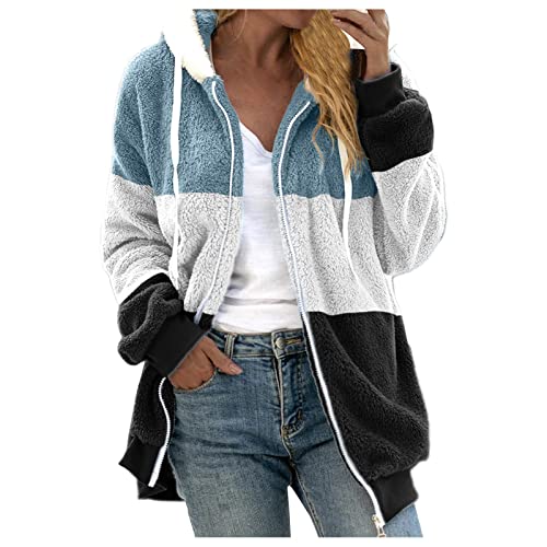 Sale Angebote, Teddyfleece Jacke Damen Reflektierende Jacke Damen Damen Sweatjacke Langarm Fleece Zip Up Kapuzenjacke Mit Tasche Warme Haarig Oversized Hoodies College Jacke Damen Mode(Light Blue,M) von SHE.White