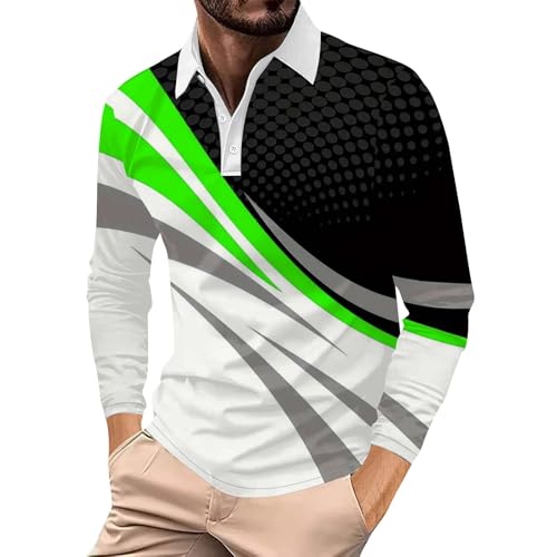 Sale Angebote T-Shirt Herren Schwarz T Shirt Schwarz Mode Drucken Button Down Golf Polohemd T-Shirt Regular Fit Revers Langarmshirt Tennis Langarm Poloshirt Kontrast Tshirt Männer (Grün,Xxl) von SHE.White