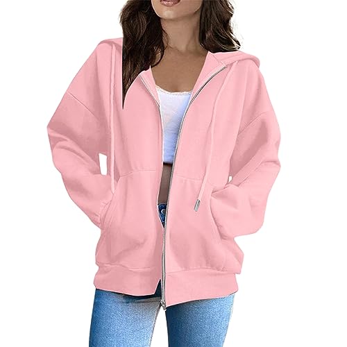 Sale Damenbekleidung Hoodie Damen Oversize Damen jacken Damen Kapuzenpullover Sweatjacke Einfarbig Y2K Kapuzenjacke Mit Reißverschluss Outdoor Sweatshirt Jacke Mantel Kuscheljacke Damen (Rosa, S) von SHE.White